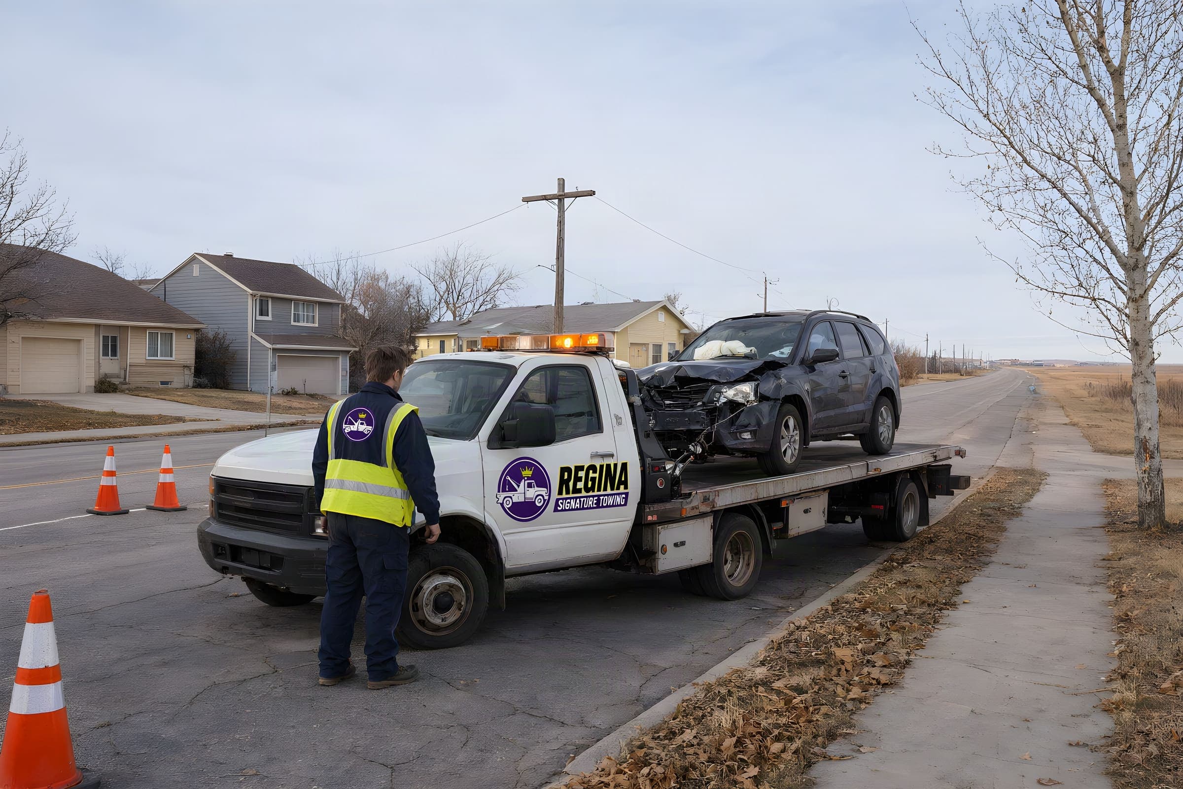 Accident towing in Regina: a white flatbed loading a crashed SUV with orange cones set out