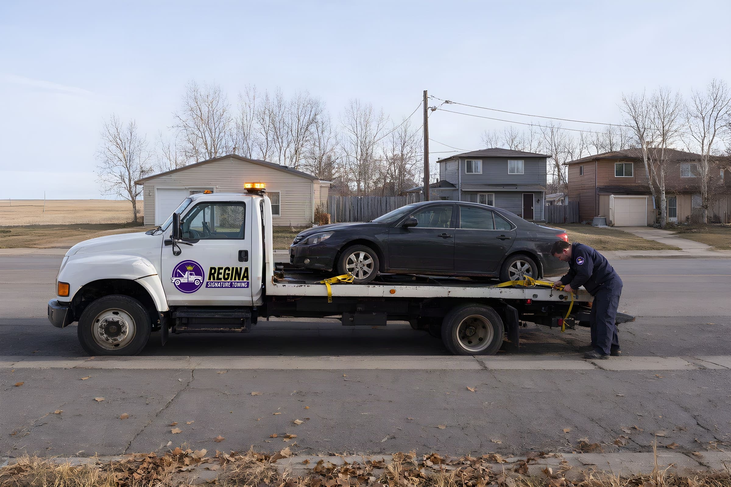 Flatbed towing in Regina: a white flatbed tow truck with a dark sedan strapped to its deck