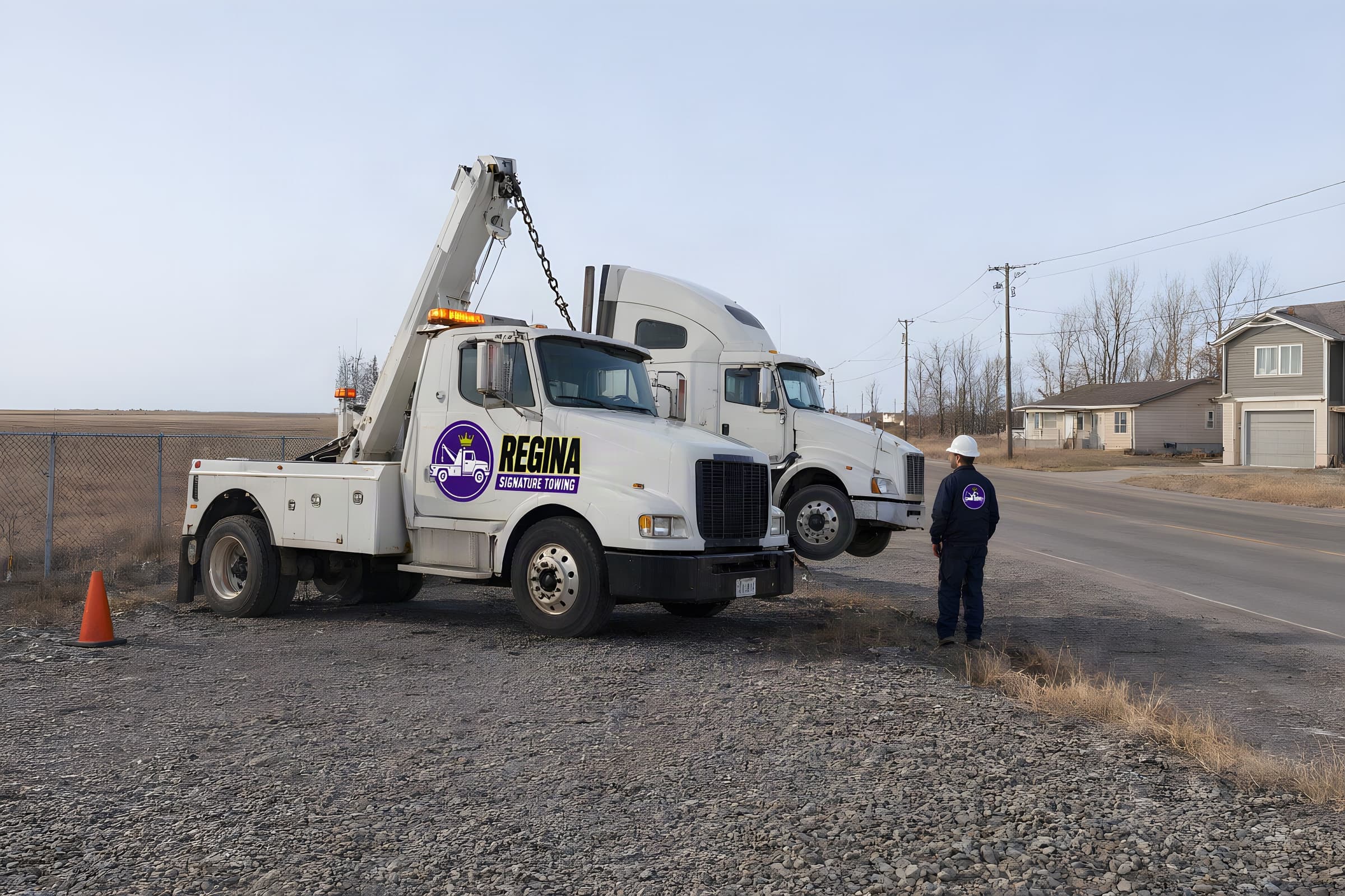 Heavy duty towing in Regina: a white wrecker lifting the front of a semi tractor in a gravel yard