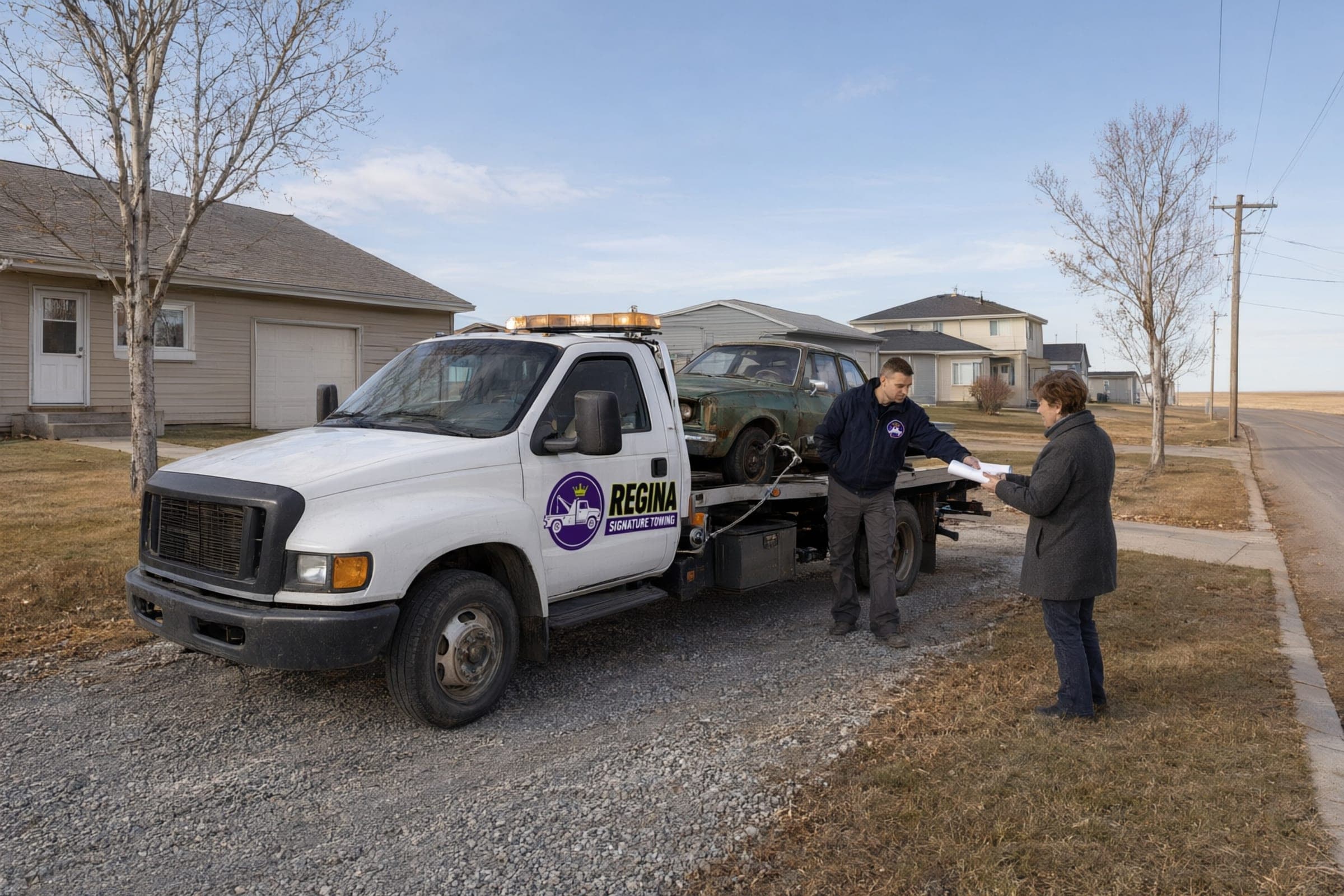 Junk car removal in Regina: a flatbed winching an old rusty sedan off a gravel driveway