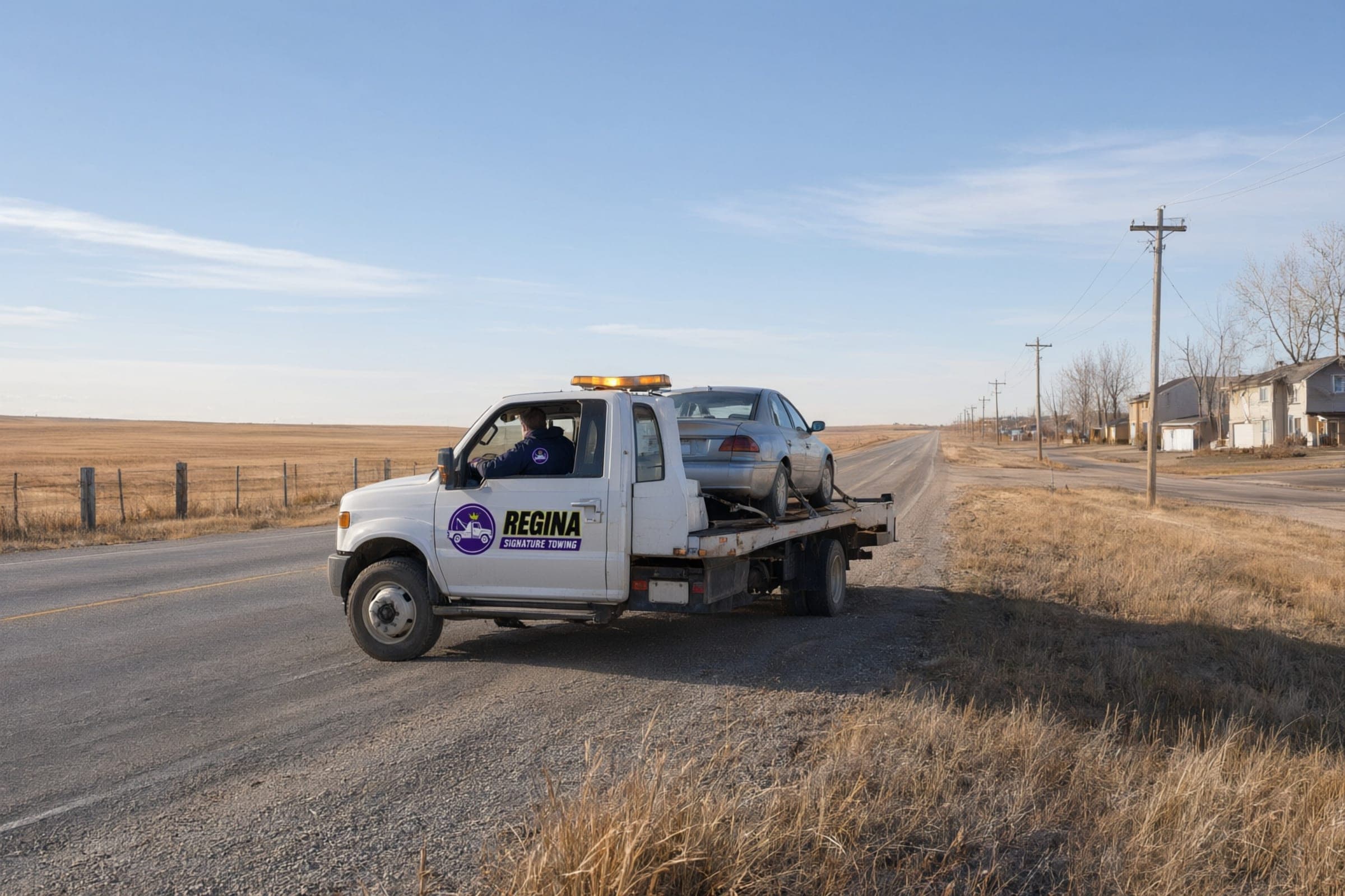 Long distance towing from Regina: a flatbed carrying a sedan along a straight prairie highway