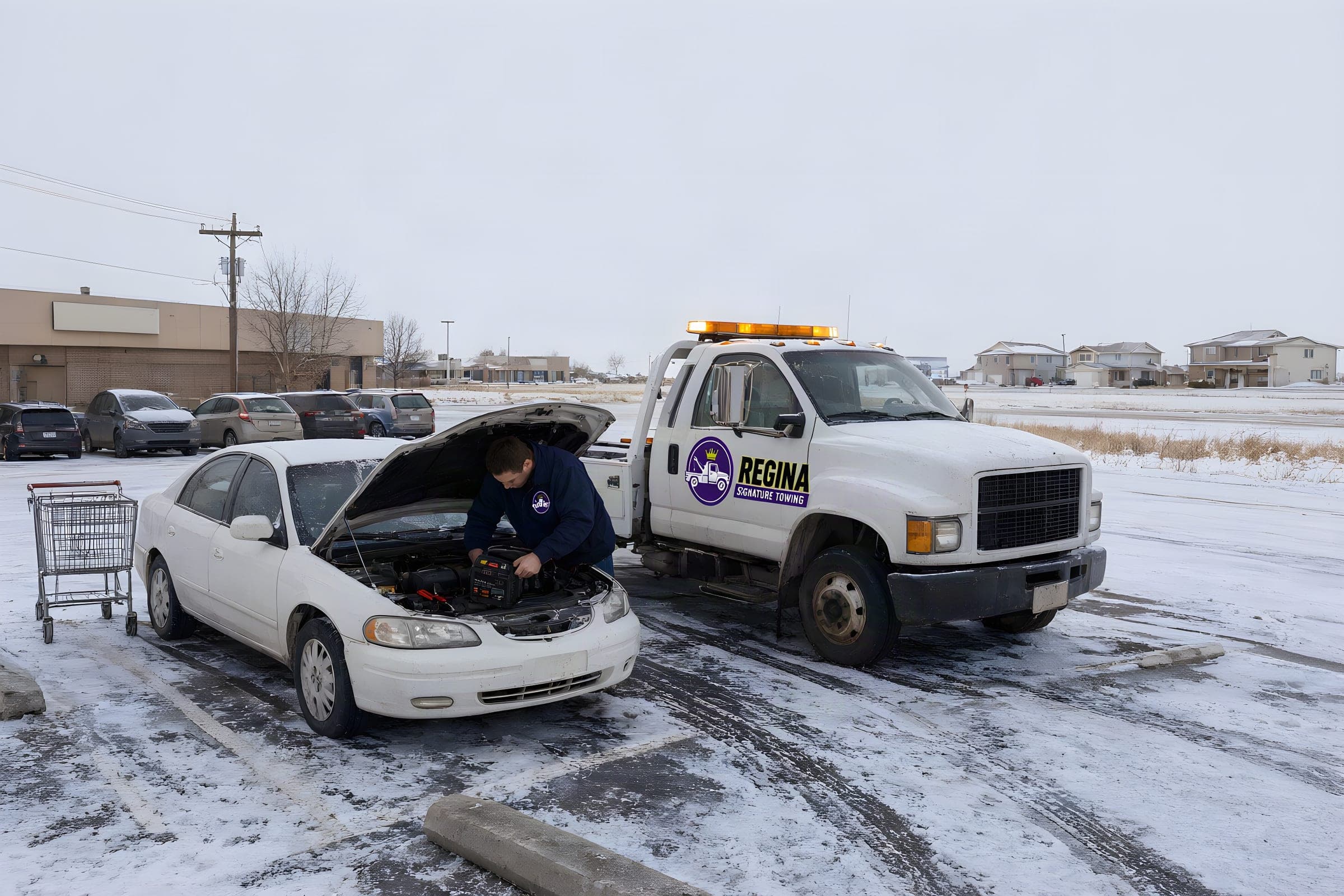 Roadside assistance in Regina: a technician boosting the battery of a white sedan in a snowy parking lot