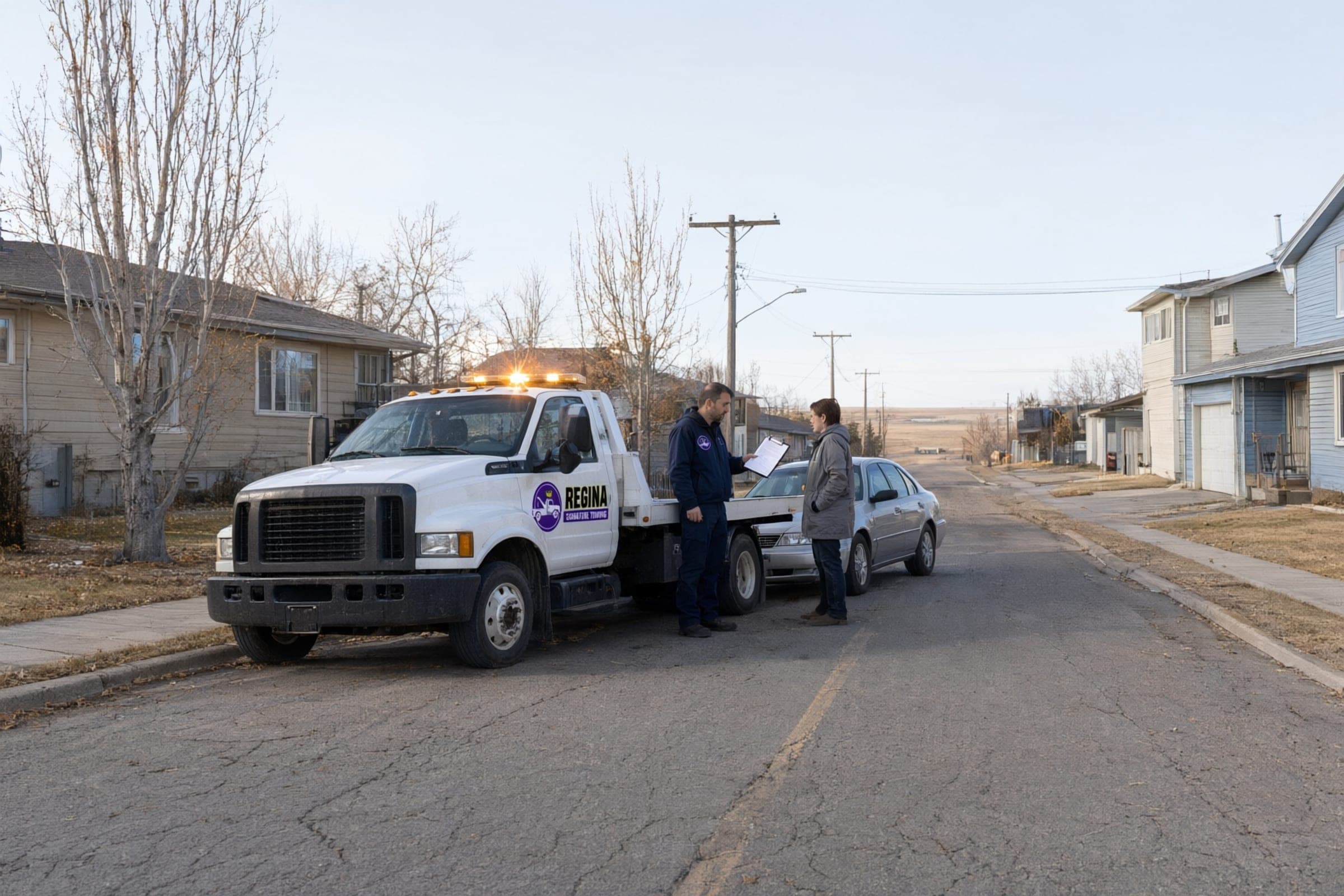 Towing cost in Regina: a tow operator showing a customer a form beside a flatbed truck