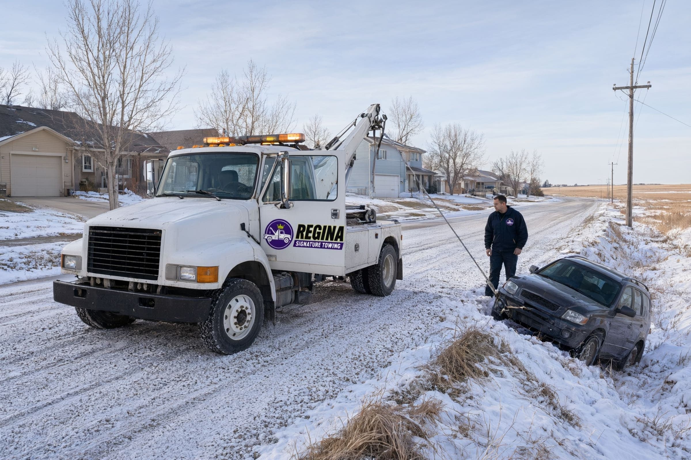 Winch out in Regina: a white wrecker pulling a dark SUV out of a snowy ditch